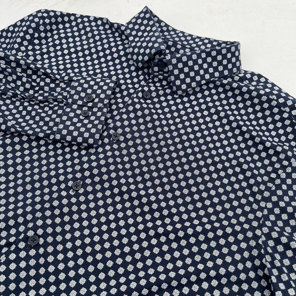 Express Slim 1MX Men's Button-Down Shirt Dark Blue Geometric Office Preppy